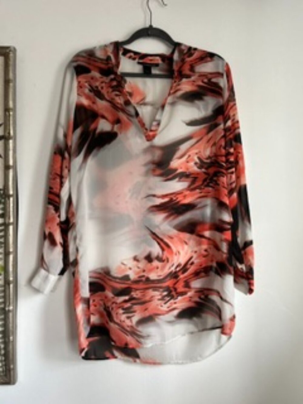🧡3/15 Ashley Stewart Long-Sleeve Sheer Tunic Blouse Abstract Print Women's 12